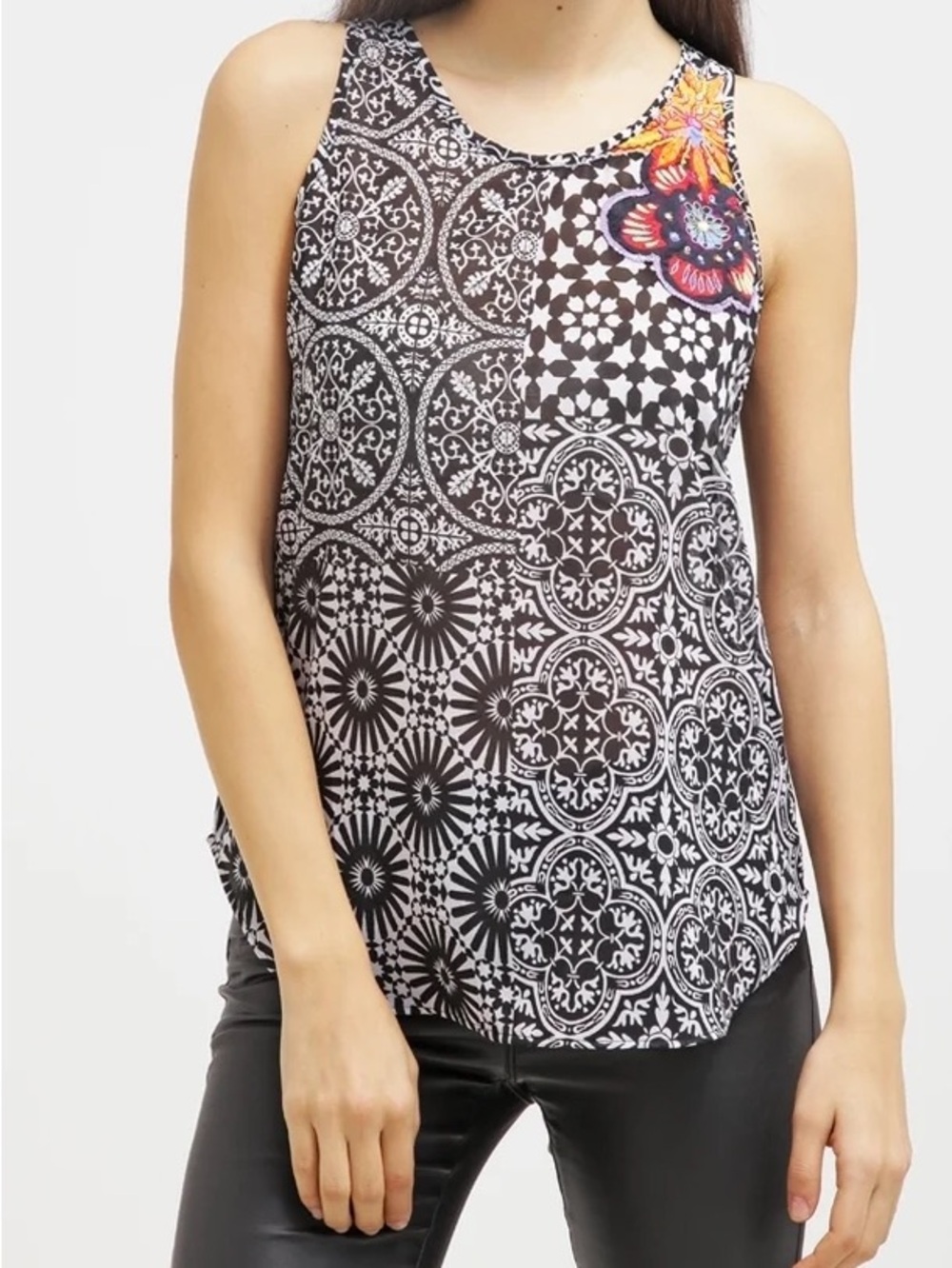 Desigual embroider patchwork abstract geometric floral tank top boho mandala art